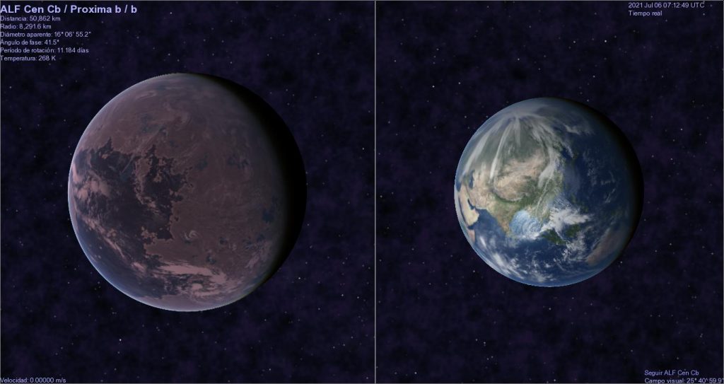Concepto artístico de Próxima Centauri b comparado con el tamaño de la Tierra