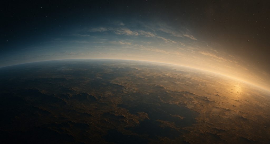La imagen muestra una ilustración de la superficie de un exoplaneta parecido a la Tierra, iluminado por la luz dorada de su estrella. En el horizonte se aprecia la delgada capa atmosférica, con nubes dispersas que se mezclan con el azul profundo del cielo, mientras el terreno rocoso y montañoso se extiende bajo un cielo estrellado. Crédito: La Ciencia Espacial.