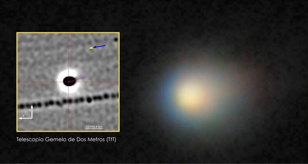 A la derecha una imagen del Gemini North / NSF NOIRLab, a la izquierda Imagen de 3I/ATLAS, cometa interestelar, tomada el 2 de agosto de 2025 por el telescopio gemelo de dos metros en las Islas Canarias, muestra un chorro de 6.000 kilómetros apuntando hacia el Sol, no al revés, como lo haría un cometa.