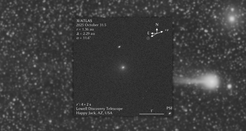 La imagen más reciente de 3I/ATLAS después del perihelio, tomada por el Telescopio Lowell Discovery el 31 de octubre de 2025. La dirección hacia el Sol (⊙) y la velocidad (+V) se indican con flechas. (Crédito: Observatorio Lowell, Arizona )