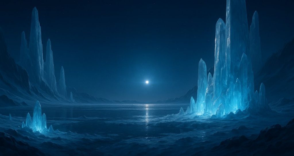Representación artística generada con IA de un exoplaneta helado.
