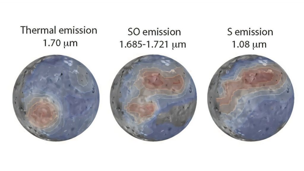 El espectrógrafo infrarrojo cercano del telescopio espacial James Webb (JWST) captó las emisiones de calor, dióxido de azufre y azufre de la luna joviana Ío (que se muestra aquí de izquierda a derecha, con sus respectivas frecuencias micrométricas). Las imágenes del JWST se superponen a un mapa de luz visible de Ío del Servicio Geológico de Estados Unidos, basado en imágenes de las sondas Voyager y Galileo. Crédito: Chris Moeckel e Imke de Pater, UC Berkeley