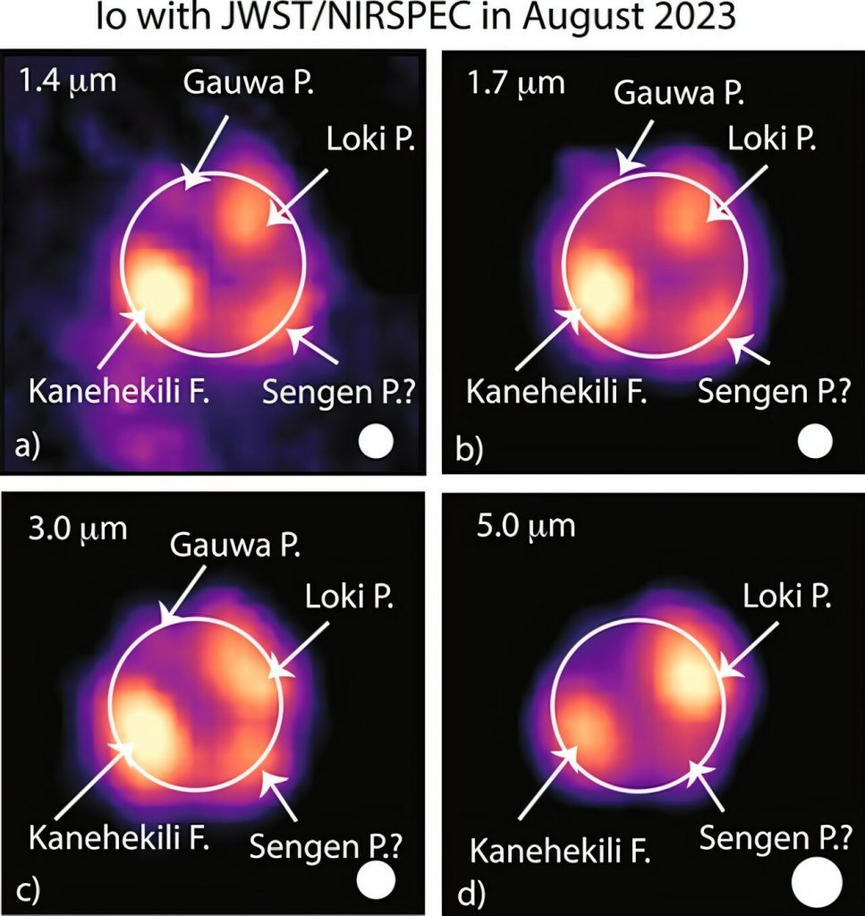 Esta figura muestra algunas imágenes de Ío tomadas por el JWST. Cada una corresponde a una longitud de onda diferente, indicada en la esquina superior izquierda de cada panel. «La imagen a 1,7 μm se tomó en el centro de la banda de SO (1,705–1,709 μm) y, por lo tanto, contiene tantas emisiones volcánicas térmicas como de SO», escriben los autores. «Esta última es ínfima en comparación con las emisiones térmicas». Crédito: de Pater et al. 2025, Planetas JGR