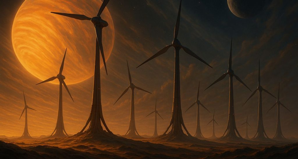 Imagen generada con IA muestra hipotética tecnofirma alienígena en Exoplaneta.  