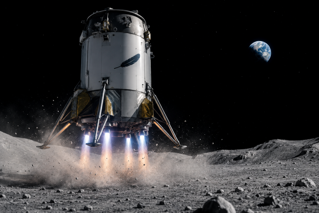 Representación artística del módulo lunar de Blue Origin. Crédito: La Ciencia Espacial IA