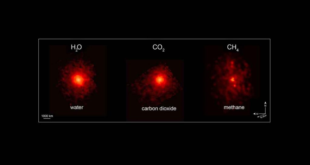 Cometa interestelar 3I/ATLAS, observado con el instrumento MIRI (Mid-Infrared Instrument) del telescopio espacial James Webb de la NASA, junto con contornos que ilustran la ubicación de los diferentes gases en el momento de la observación. El vapor de agua se extiende mucho más allá del núcleo, ya que gran parte se libera de los granos de hielo en la coma, mientras que el dióxido de carbono y el metano se concentran principalmente cerca del núcleo del cometa. Créditos: NASA, ESA, CSA, STScI, M. Belyakov (Caltech), I. Wong (STScI), Procesamiento de imágenes: A. Pagan (STScI)