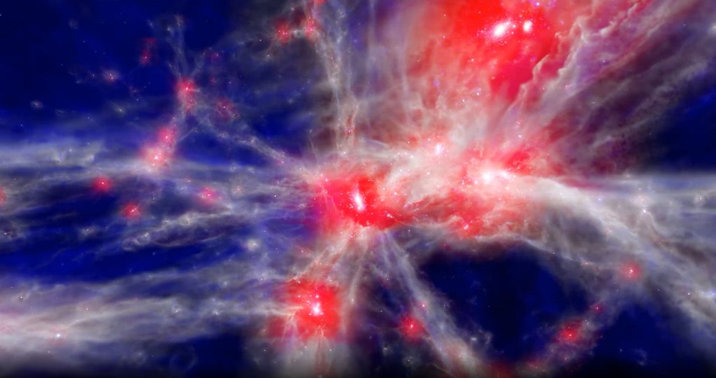 Evolución de una galaxia en una simulación EAGLE. Crédito: Proyecto EAGLE/Universidad de Durham.